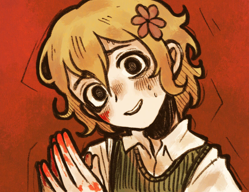 1boy, @_@, alternate_eye_color, basil_(faraway)_(omori), basil_(omori), black_eyes, blonde_hair, blood