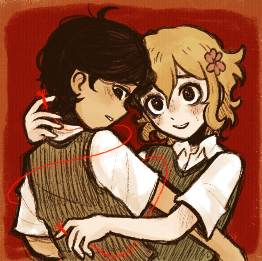 2boys, alternate_eye_color, basil_(faraway)_(omori), basil_(omori), black_eyes, black_hair, blonde_hair, collared_shirt