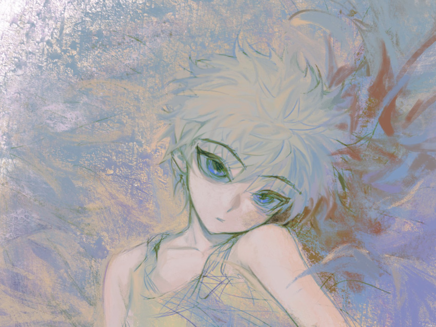 1boy, bare_shoulders, blue_eyes, closed_mouth, collarbone, commentary, gelb, grey_hair