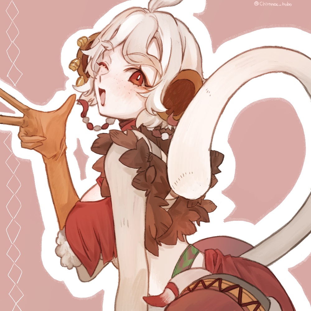 1girl, ;d, afk_(series), afk_journey, ahoge, animal_ears, bell, bell_earrings, blonde_hair, breasts, brown_background, brown_gloves, chironex_bobo, earrings, elbow_gloves, gloves, hand_up, jewelry, light_blush, looking_at_viewer, medium_breasts, midriff, mikola_(afk), multiple_earrings, one_eye_closed, open_mouth, outline, red_eyes, simple_background, smile, solo, tail, twitter_username, upper_body, w, white_hair, white_outline