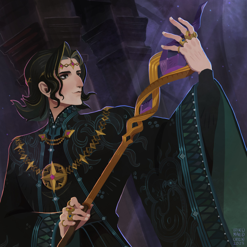 1boy, absurdres, afk_(series), afk_journey, artist_name, bags_under_eyes, black_eyes, black_hair, black_robe, circlet, closed_mouth, column, curtained_hair, cyran_(afk), flipped_hair, gold_necklace, gold_ring, highres, holding, holding_staff, jewelry, layered_sleeves, light_rays, long_sleeves, mage_staff, male_focus, mandarin_collar, medium_hair, multiple_rings, necklace, parted_bangs, pillar, ring, robe, solo, staff, sunbeam, sunlight, upper_body, wide_sleeves, windmaedchen