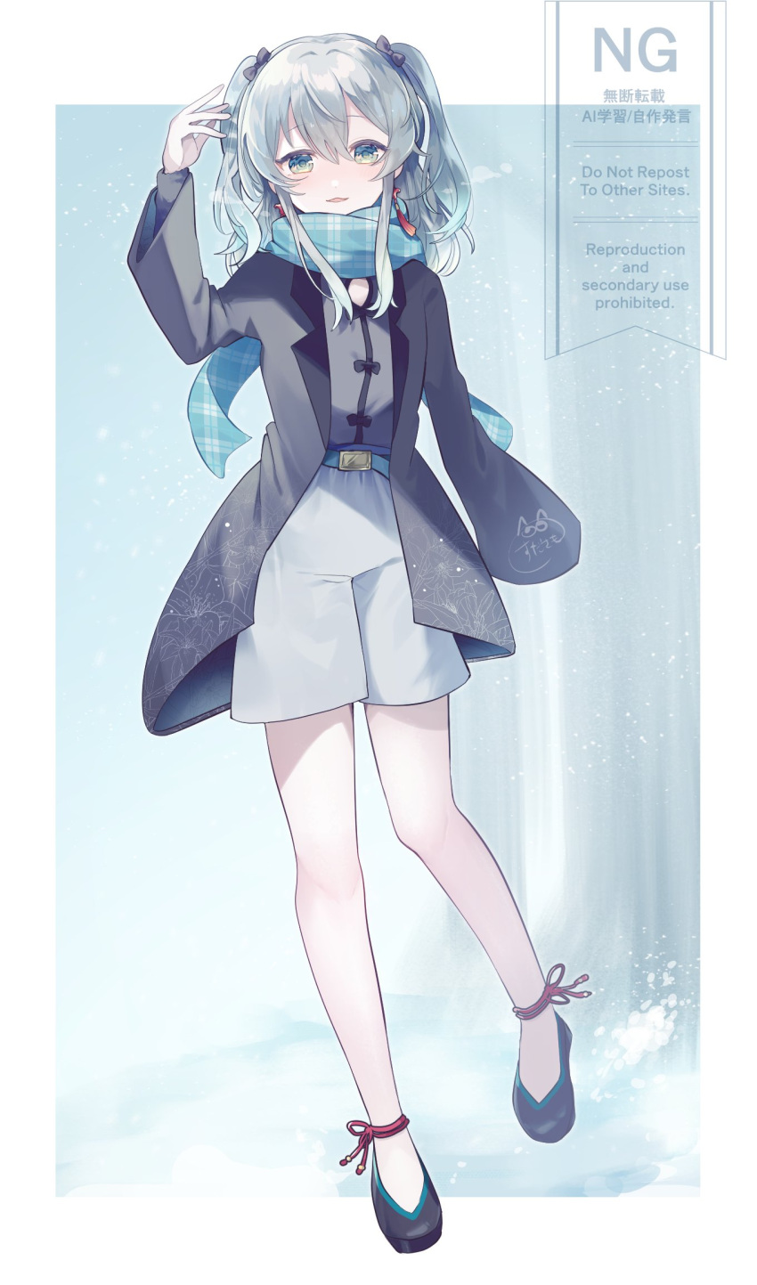 1girl, aqua_eyes, belt, black_bow, black_coat, black_shoes, blush, border, bow, coat, commentary_request, earrings, full_body, grey_hair, grey_shirt, hair_bow, highres, indie_virtual_youtuber, jewelry, looking_at_viewer, nekomugi_tororo, open_clothes, open_coat, open_mouth, outside_border, scarf, shirt, shoes, shorts, solo, sudasamo, tassel, tassel_earrings, two_side_up, virtual_youtuber, watermark, white_border, white_shorts