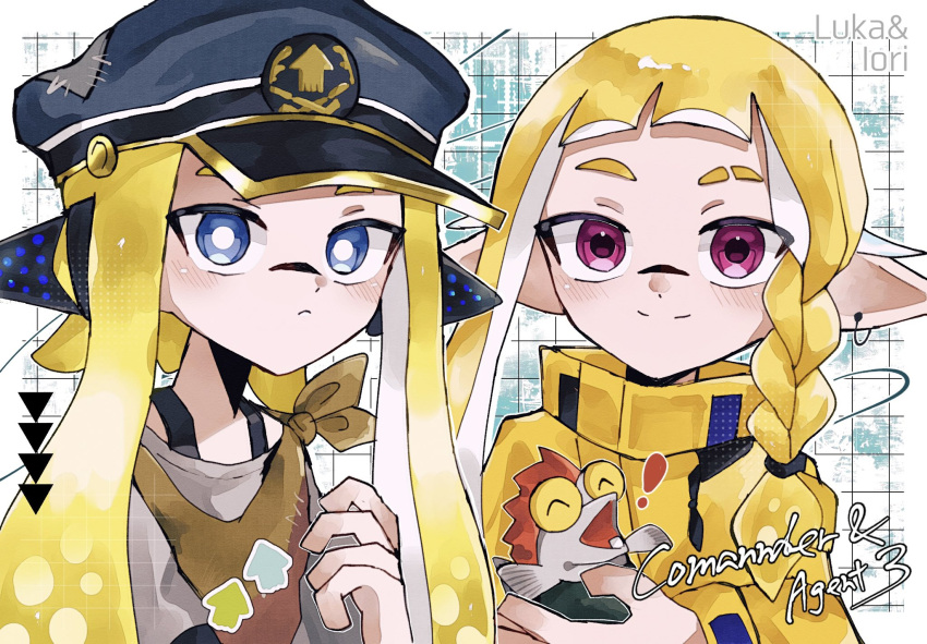 2girls, agent_3_(splatoon), agent_3_(splatoon_3), blonde_hair, blue_eyes, blue_hat, border, braid, bright_pupils, captain_3_(splatoon), closed_mouth, coat, commentary, earrings, eyebrow_cut, grid_background, hat, headgear, highres, inkling, jewelry, long_hair, looking_at_viewer, multiple_girls, outside_border, peaked_cap, pointy_ears, red_eyes, single_braid, single_earring, smallfry_(splatoon), smile, splatoon_(series), splatoon_3, tentacle_hair, thick_eyebrows, veni4me_06, white_border, white_pupils, yellow_coat