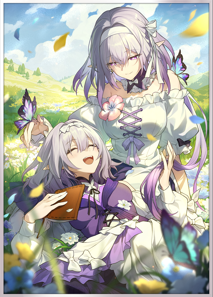 2girls, bare_shoulders, black_bow, book, bow, breasts, bug, butterfly