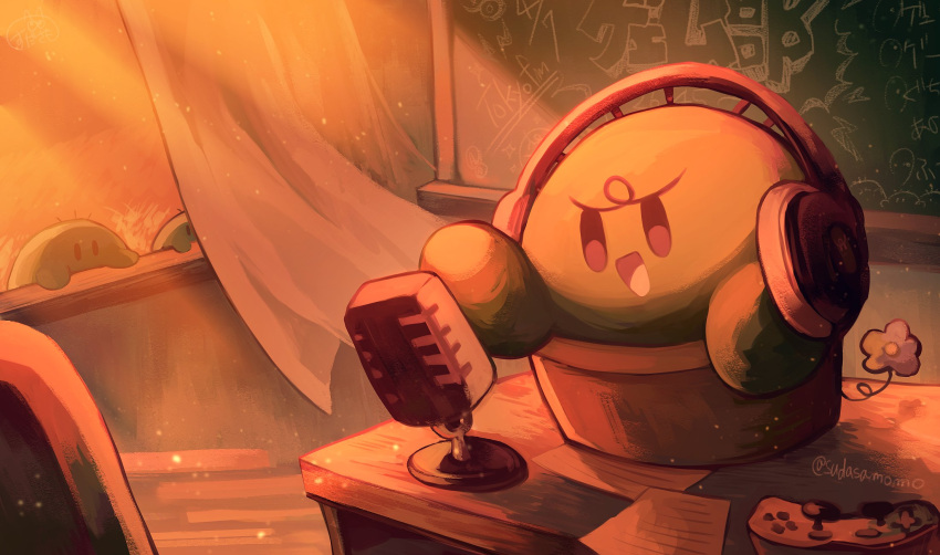 black_eyes, chalkboard, commentary, controller, curtains, evening, game_controller, guchitsubo