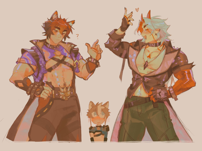 3boys, ?, abs, alternate_costume, animal_ears, arataki_itto, black_choker, black_jacket