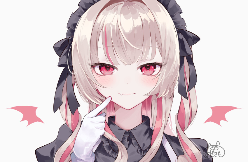1girl, black_shirt, blush, brown_hair, closed_mouth, commentary, fang, gloves