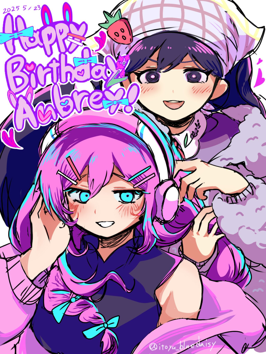 2025, 2girls, :3, :d, animal_ear_headphones, animal_ears, aqua_bow, aqua_eyes