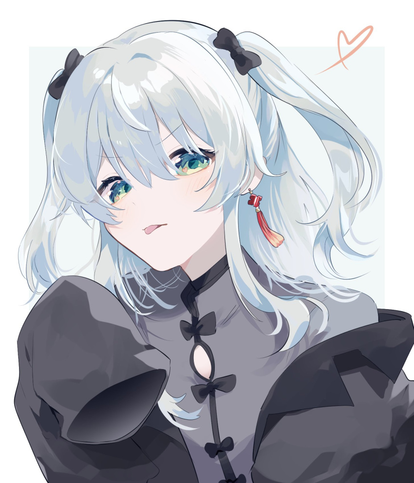 1girl, black_bow, black_coat, blush, border, bow, coat, commentary