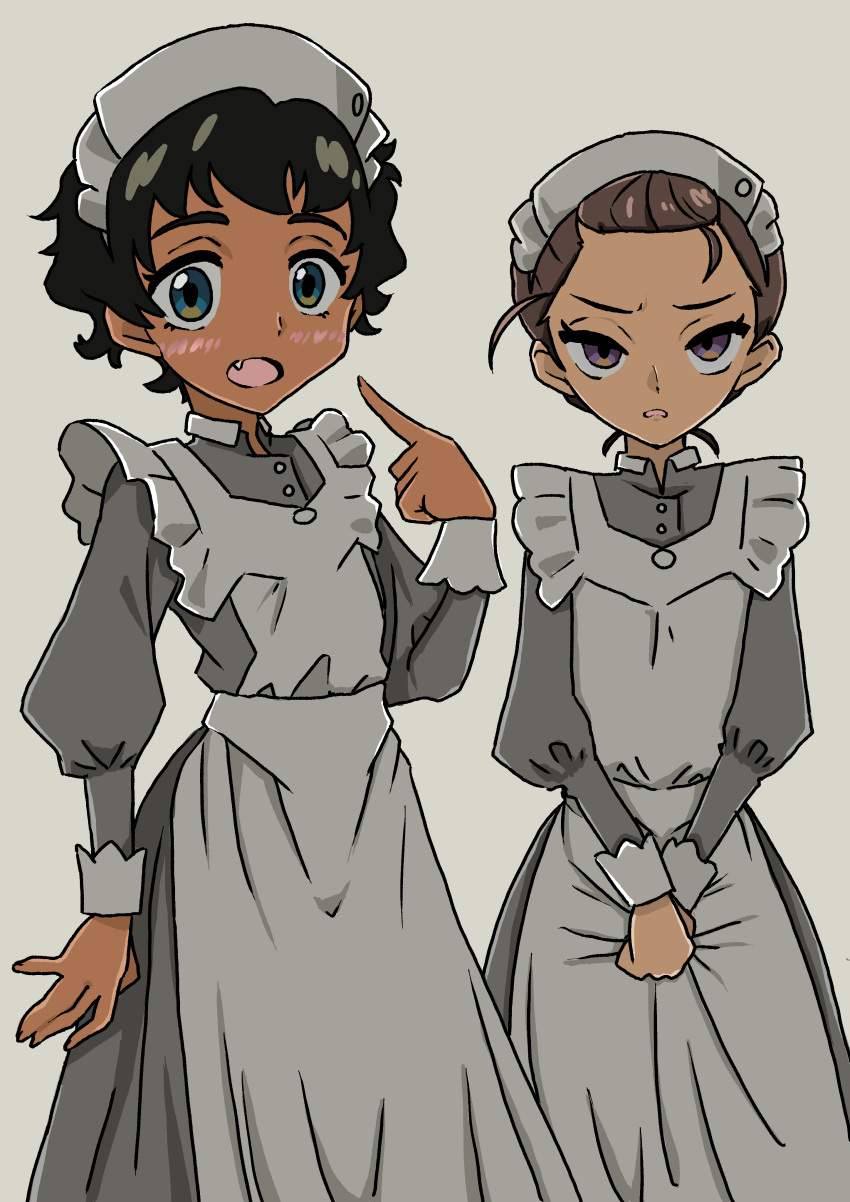 2girls, absurdres, apron, arm_up, black_hair, blush, brown_eyes, commentary_request, dark-skinned_female, dark_skin, fang, grey_background, gundam, gundam_gquuuuuux, highres, kanchana, looking_at_viewer, maid, maid_apron, maid_headdress, multiple_girls, nozon_(nozon), open_mouth, own_hands_together, pointing, pointing_at_self, simple_background, standing, v-shaped_eyebrows, vani_(gundam)