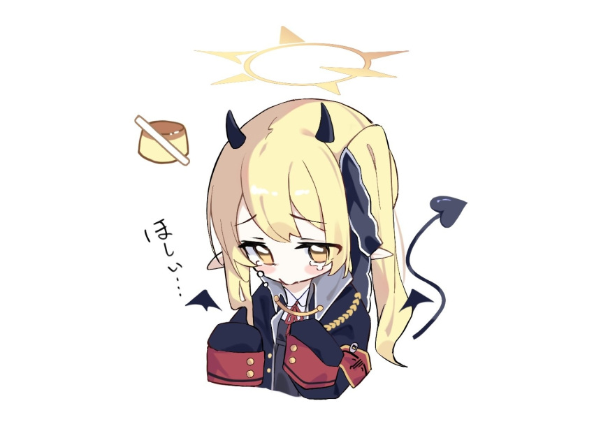 1girl, black_horns, black_tail, black_wings, blonde_hair, blue_archive, commentary, crossed_out