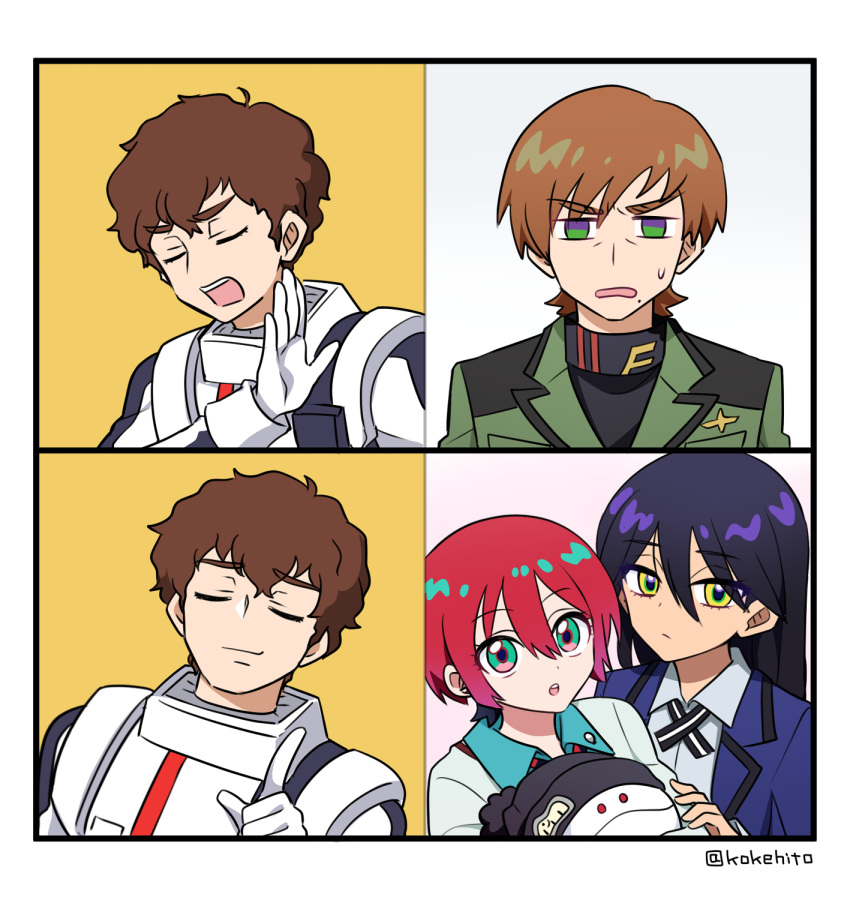2boys, 2girls, amate_yuzuriha, amuro_ray, aqua_eyes, artist_name, black_hair, brown_hair