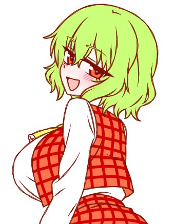 1girl, blush, breasts, from_behind, green_hair, kazami_yuuka, ketsumaimo, large_breasts, long_sleeves, lowres, plaid_clothes, plaid_skirt, plaid_vest, red_eyes, shirt, short_hair, simple_background, skirt, smile, smug, solo, touhou, vest, white_background