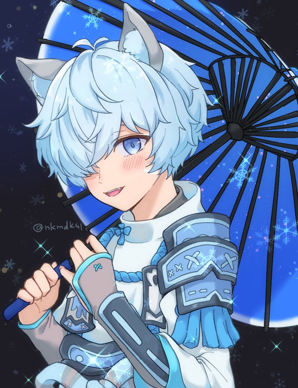 1boy, animal_ear_fluff, animal_ears, armor, blue_eyes, blue_hair, blue_umbrella, blush