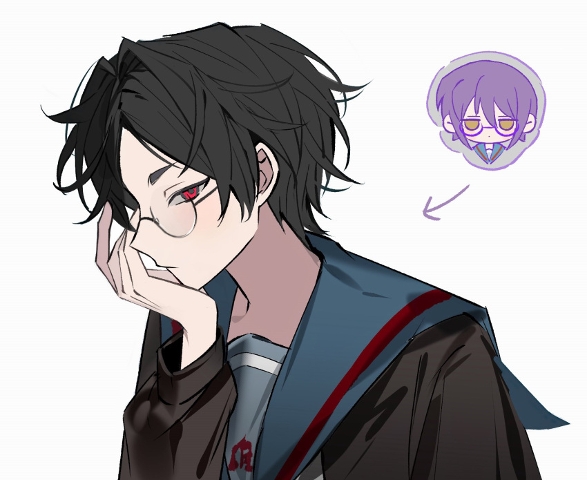 1boy, aomi_(ooe), black_hair, blue_sailor_collar, chibi, chibi_inset, cosplay, from_side