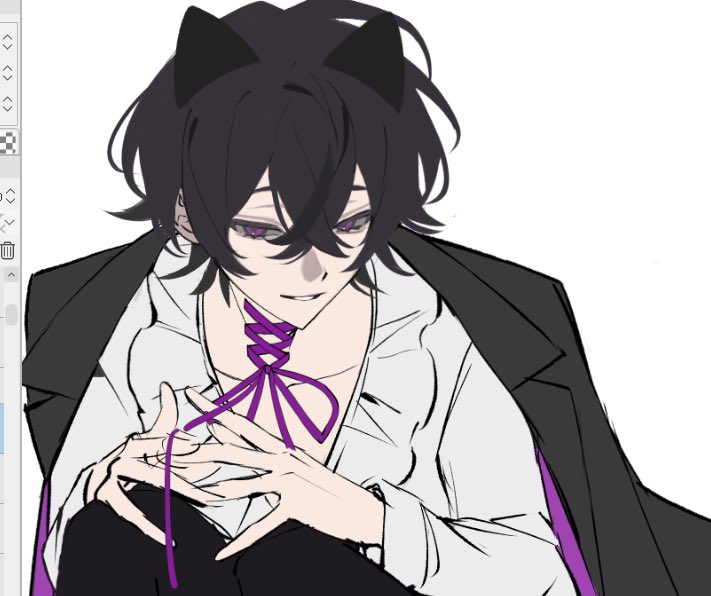 1boy, animal_ears, black_hair, black_jacket, black_pants, cat_ears, coat, coat_on_shoulders