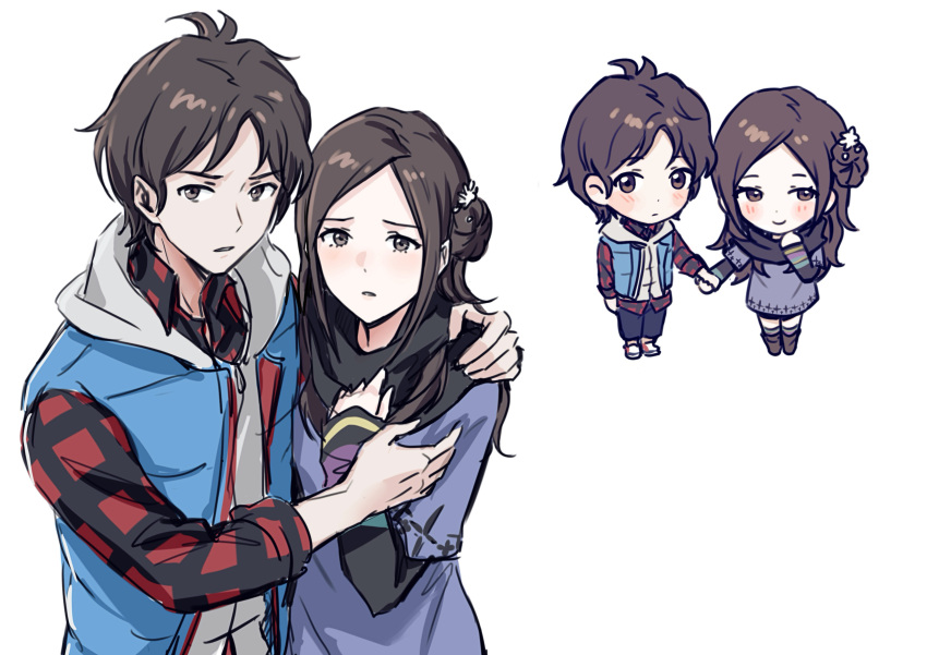 1boy, 1girl, absurdres, blue_vest, brown_hair, dress, hair_bun, hand_on_another's_shoulder