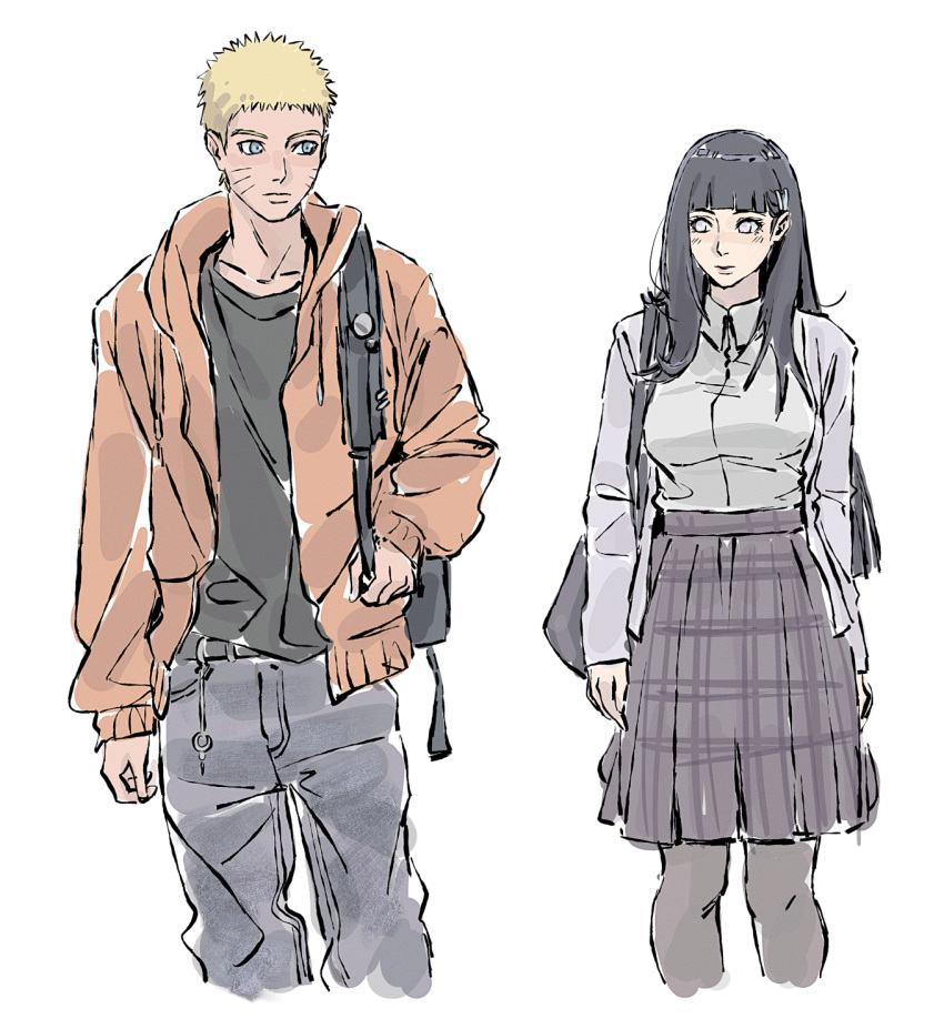 1boy, 1girl, alternate_costume, alternate_universe, bag, beerenfuchs, black_hair, black_shirt, blonde_hair, blue_eyes, blunt_bangs, contemporary, english_commentary, facial_mark, highres, hood, hoodie, hyuuga_hinata, long_hair, long_sleeves, looking_at_another, naruto_(series), no_pupils, open_clothes, open_hoodie, orange_hoodie, pants, pantyhose, school_bag, shirt, short_hair, shoulder_bag, skirt, uzumaki_naruto, whisker_markings, white_background, white_eyes