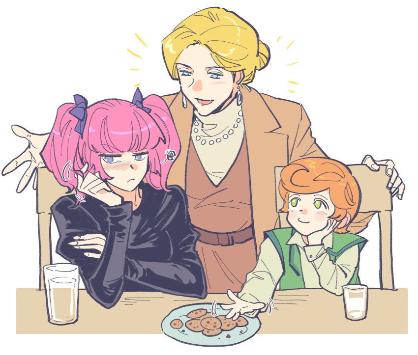 3girls, black_dress, blonde_hair, boned-woo, chair, commentary, cookie, dress, earrings, embarrassed, english_commentary, food, glass, green_eyes, gundam, gundam_gquuuuuux, haman_karn, highres, jewelry, jitome, mineva_lao_zabi, multiple_girls, necklace, open_mouth, pearl_necklace, pink_hair, plate, purple_hair, red_hair, short_twintails, sitting, twintails, zenna_zabi