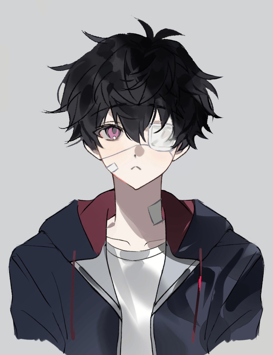 1boy, :<, bandage_over_one_eye, bandaid, bandaid_on_face, black_hair, collarbone, eyepatch, grey_background, hair_between_eyes, highres, hood, hood_down, hooded_jacket, idolish7, jacket, long_sleeves, looking_at_viewer, male_focus, medical_eyepatch, minirai0707, open_clothes, open_jacket, shirt, short_hair, upper_body, violet_eyes, white_shirt