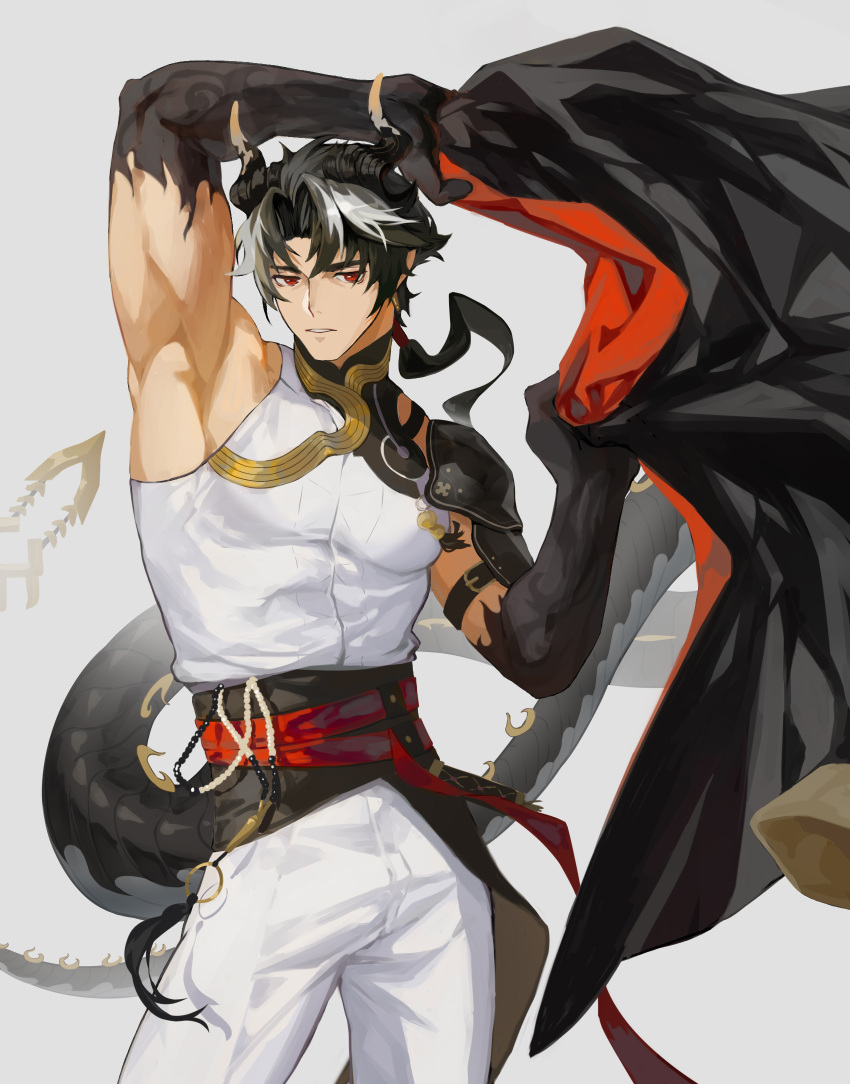 1boy, arknights, armpits, arms_up, chongyue_(arknights), coat, covered_pectorals, cowboy_shot, curtained_hair, daziran_de_duqiyan, dragon_tail, highres, holding, holding_coat, holding_unworn_clothes, horns, large_pectorals, looking_at_viewer, male_focus, muscular, muscular_male, pants, parted_lips, pectorals, red_eyes, solo, tail, unworn_coat, white_background, white_hair, white_pants