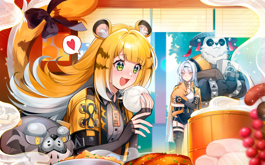 +_+, 1boy, 2girls, absurdres, animal_ear_fluff, animal_ears, black_gloves, black_thighhighs