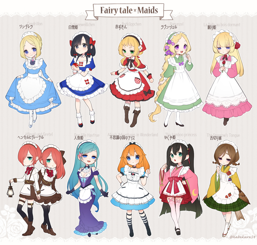 1boy, 6+girls, alice's_adventures_in_wonderland, alice_(alice_in_wonderland), andersen's_fairy_tales, apple, apron, black_eyes, black_hair, blonde_hair, blue_eyes, blue_hair, boots, braid, brother_and_sister, brown_eyes, brown_hair, cinderella_(fairy_tale), cinderella_(fairy_tale_character), commentary_request, curtsey, fashion, flower, food, frilled_skirt, frills, fruit, goshi-san, green_eyes, gretel_(hansel_and_gretel), hair_flower, hair_ornament, hansel_(hansel_and_gretel), hansel_and_gretel, highres, japanese_clothes, kaguya_hime, kimono, little_red_riding_hood_(fairy_tale), little_red_riding_hood_(fairy_tale_character), lolita_fashion, long_hair, maid, maid_apron, maid_headdress, multiple_girls, orange_hair, original, rapunzel_(fairy_tale), rapunzel_(fairy_tale_character), red_hair, ribbon, shita-kiri_suzume, short_hair, siblings, skirt, skirt_hold, sleeping_beauty_(fairy_tale), sleeping_beauty_(fairy_tale_character), snow_white_(fairy_tale), snow_white_(fairy_tale_character), taketori_monogatari, the_little_mermaid_(andersen), thigh-highs, very_long_hair, violet_eyes