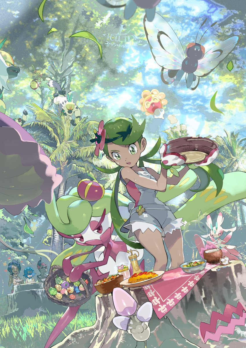 basket, berry_(pokemon), black_hair, blue_hair, bowl, butterfree, castform, castform_(sunny)