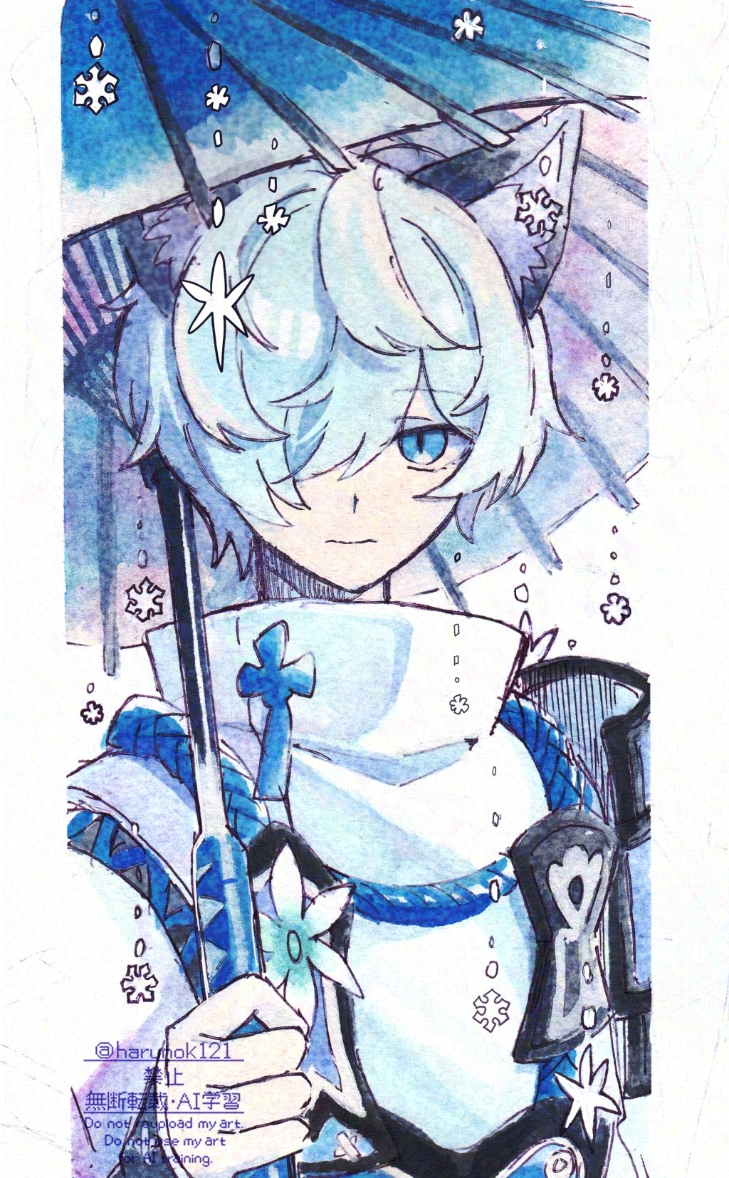 1boy, animal_ear_fluff, animal_ears, armor, blue_eyes, blue_hair, blue_umbrella, closed_mouth, commentary_request, flower, fubuki_(rune_factory), hair_over_one_eye, harunok121, highres, holding, holding_umbrella, japanese_armor, japanese_clothes, looking_at_viewer, male_focus, oil-paper_umbrella, painting_(medium), rune_factory, rune_factory:_guardians_of_azuma, shirt, short_hair, snowflakes, solo, traditional_media, umbrella, upper_body, watercolor_(medium), white_shirt