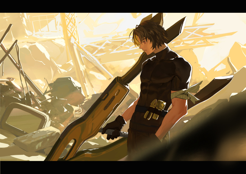 1boy, absurdres, arknights, black_hair, black_pants, black_shirt, covered_abs, covered_pectorals