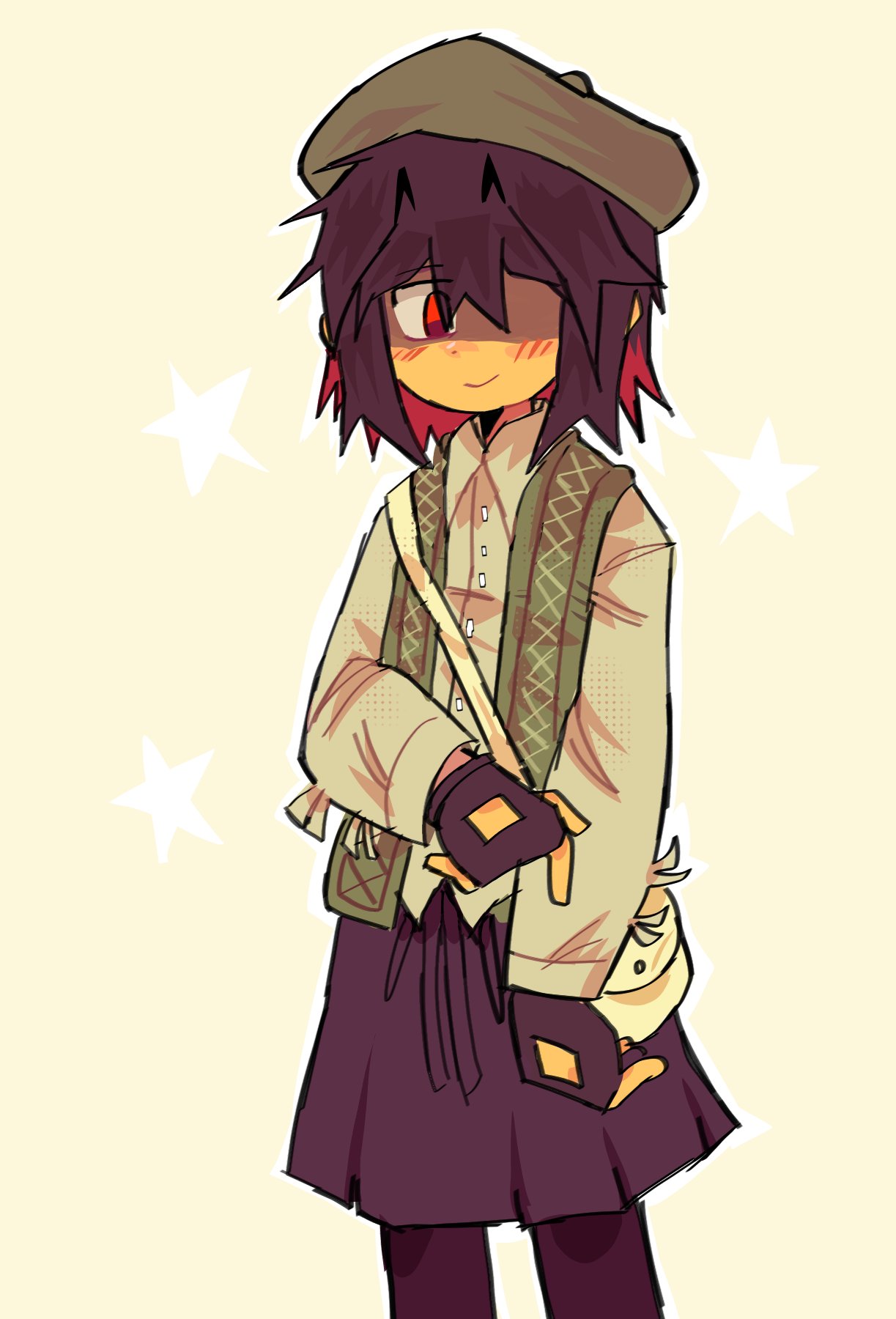 1other, androgynous, bag, blush, brown_hair, deltarune, dress, hair_over_eyes