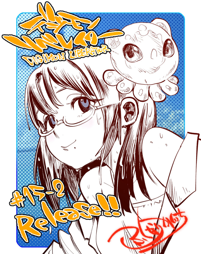 1girl, blue_background, copyright_name, digimon, digimon_(creature), digimon_card_game, digimon_liberator, fukunari_kanchi