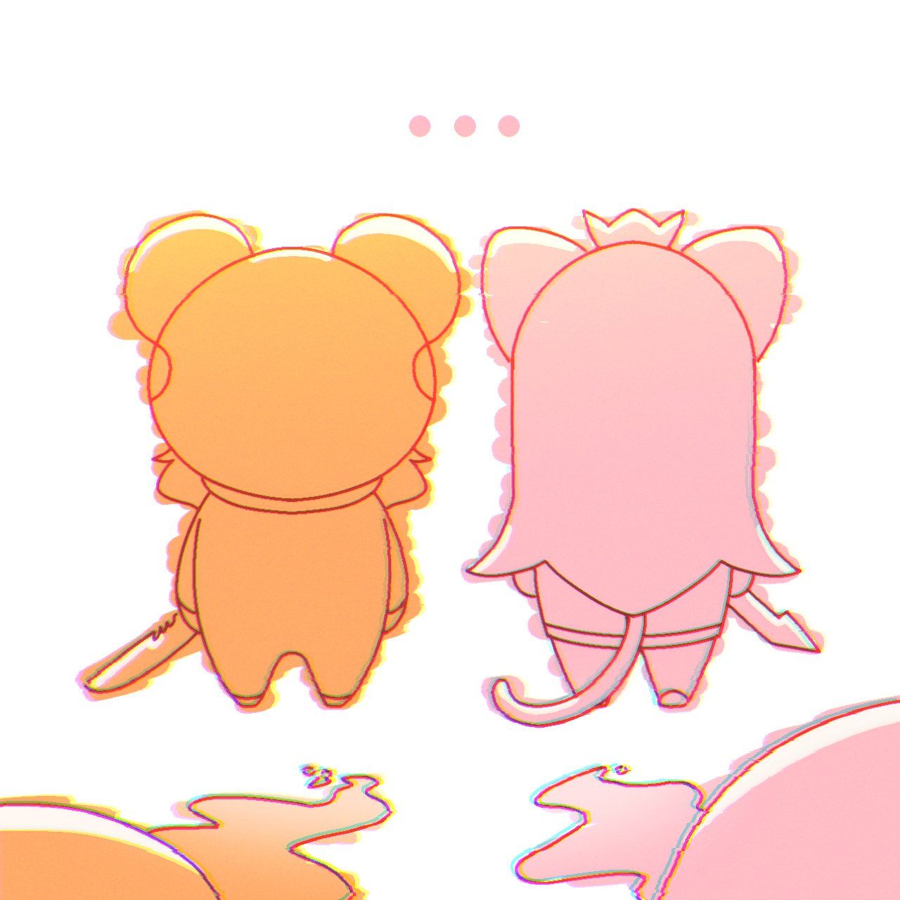 2girls, animal_costume, animal_hood, chibi, couple, earrings, feather_earrings, feathers, frog, frog_costume, frog_hood, frogiwawa, highres, hololive, hololive_english, hood, hyurisaki, jewelry, long_hair, mori_calliope, multiple_girls, onesie, orange_hair, simple_background, takanashi_kiara, virtual_youtuber, weird_cat_(mori_calliope), yuri