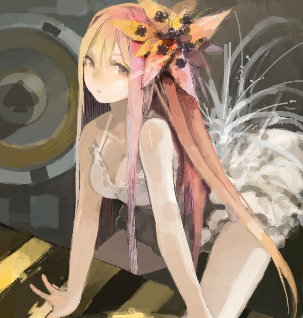 blonde_hair, breasts, brown_eyes, cleavage, dress, flower, hair_flower, hair_ornament