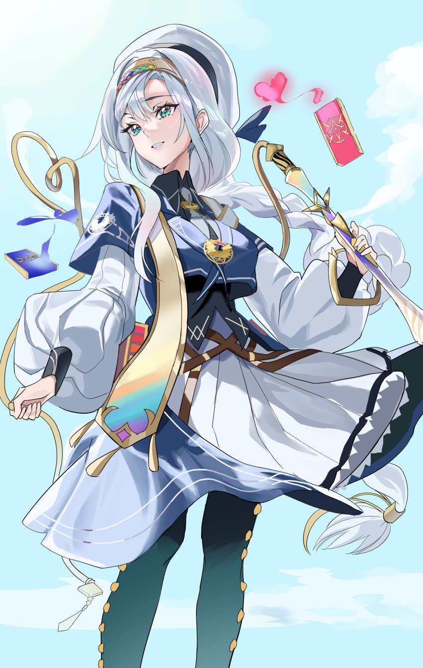 1girl, absurdres, aqua_eyes, artmagia_finemelt, blue_jacket, braid, braided_ponytail, cropped_jacket, dress, duel_monster, hairband, hat, highres, jacket, long_hair, long_sleeves, mizutaki, single_braid, solo, very_long_hair, white_dress, white_hair, white_hat, yu-gi-oh!