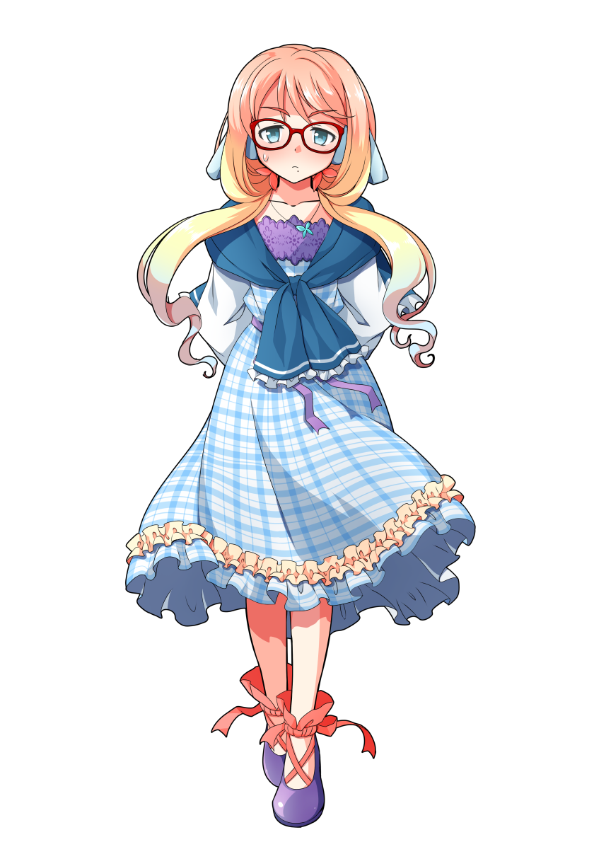 1girl, ankle_lace-up, arms_behind_back, blonde_hair, blue_dress, blue_eyes, blush, closed_mouth