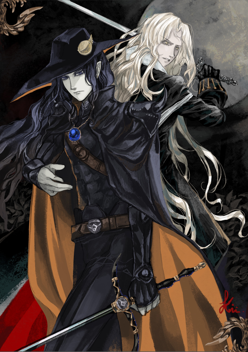 2boys, absurdres, alucard_(castlevania), armor, back-to-back, belt, belt_buckle, black_cape