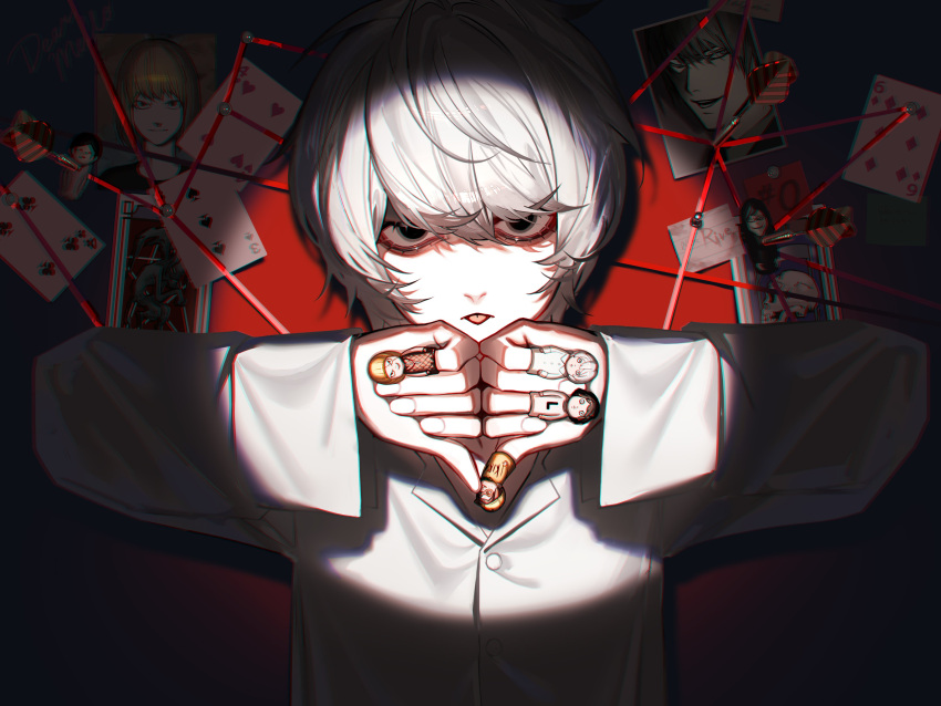 1boy, :p, absurdres, bags_under_eyes, black_eyes, black_shirt, blonde_hair, buttons, card, character_doll, character_name, dark_background, dart, death_note, doll, double_thumbs_down, empty_eyes, evidence_board, finger_puppet, fingernails, grey_hair, hair_between_eyes, hands_up, highres, l_(death_note), long_sleeves, looking_at_viewer, male_focus, mello_(death_note), mikami_teru, n_a994014, near_(death_note), one_eye_closed, open_mouth, own_hands_together, photo_(object), playing_card, puppet, red_background, shirt, short_hair, sidelocks, skull, solo, spotlight, straight-on, string, thumbs_down, thumbtack, tongue, tongue_out, toy, upper_body, v-neck, white_shirt, yagami_light