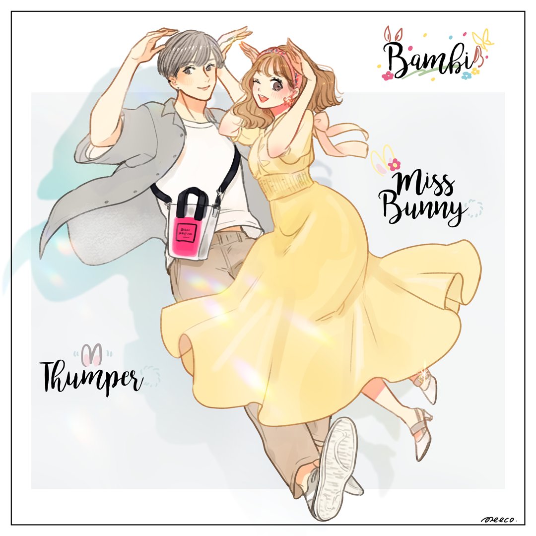 1boy, 1girl, bambi_(movie), dress, full_body, grey_hair, happy, humanization