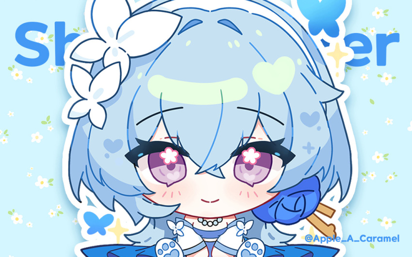 1girl, alternate_costume, apple_caramel, blue_background, blue_dress, blue_flower, blue_hair, breasts