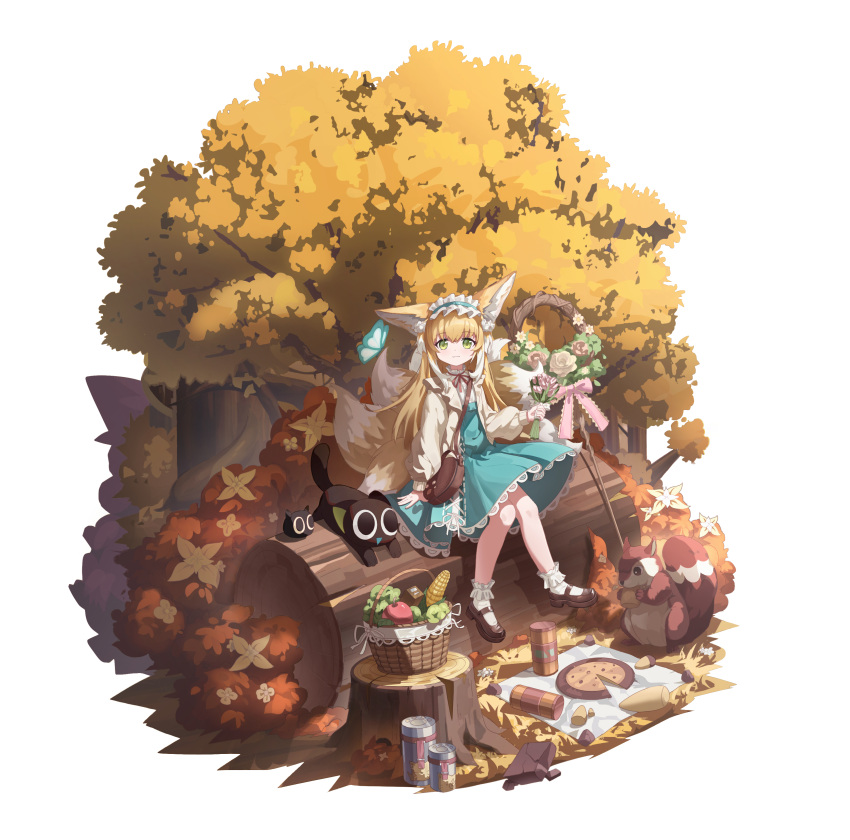 1girl, :3, absurdres, animal_ears, arknights, basket, blonde_hair, blue_skirt
