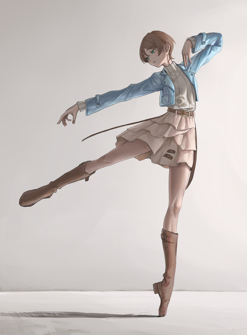 1girl, absurdres, and_fersent, arms_up, ballet, blue_jacket, boots, brown_boots