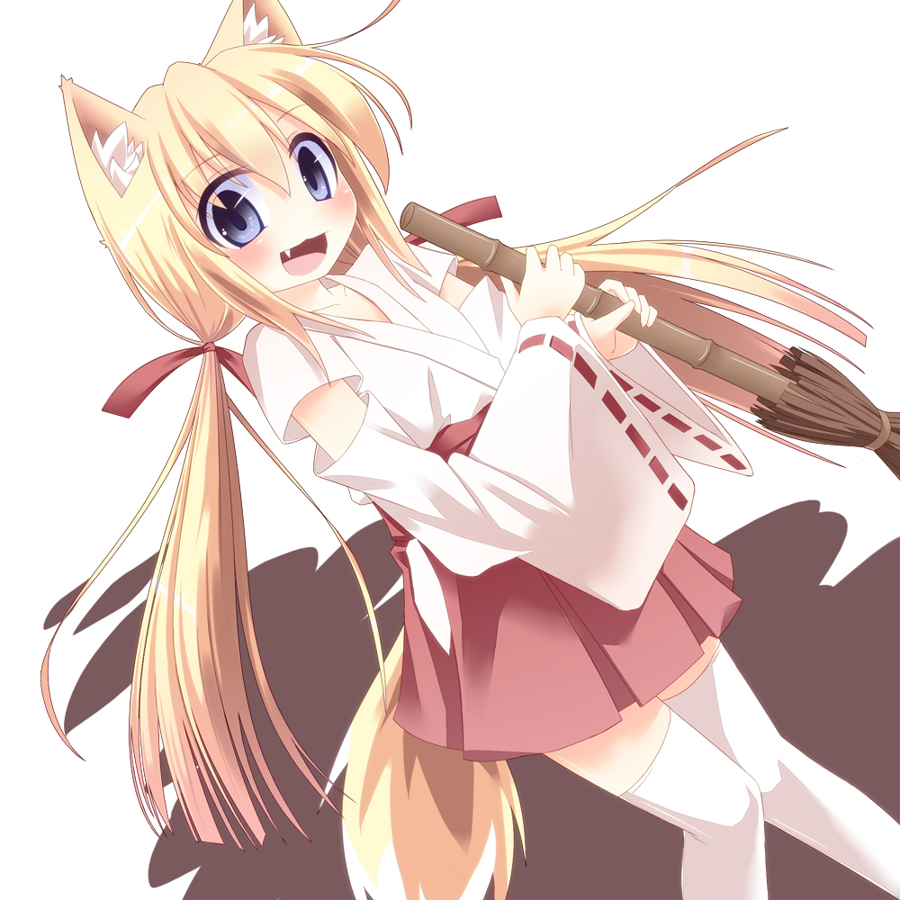 :3, animal_ears, blonde_hair, blue_eyes, broom, detached_sleeves, fang, hair_ribbon, japanese_clothes, koyomi_(bussyutaso), koyomi_(shinshia), long_hair, miko, open_mouth, original, razy_(skuroko), ribbon, tail, thighhighs, twintails, very_long_hair, white_legwear