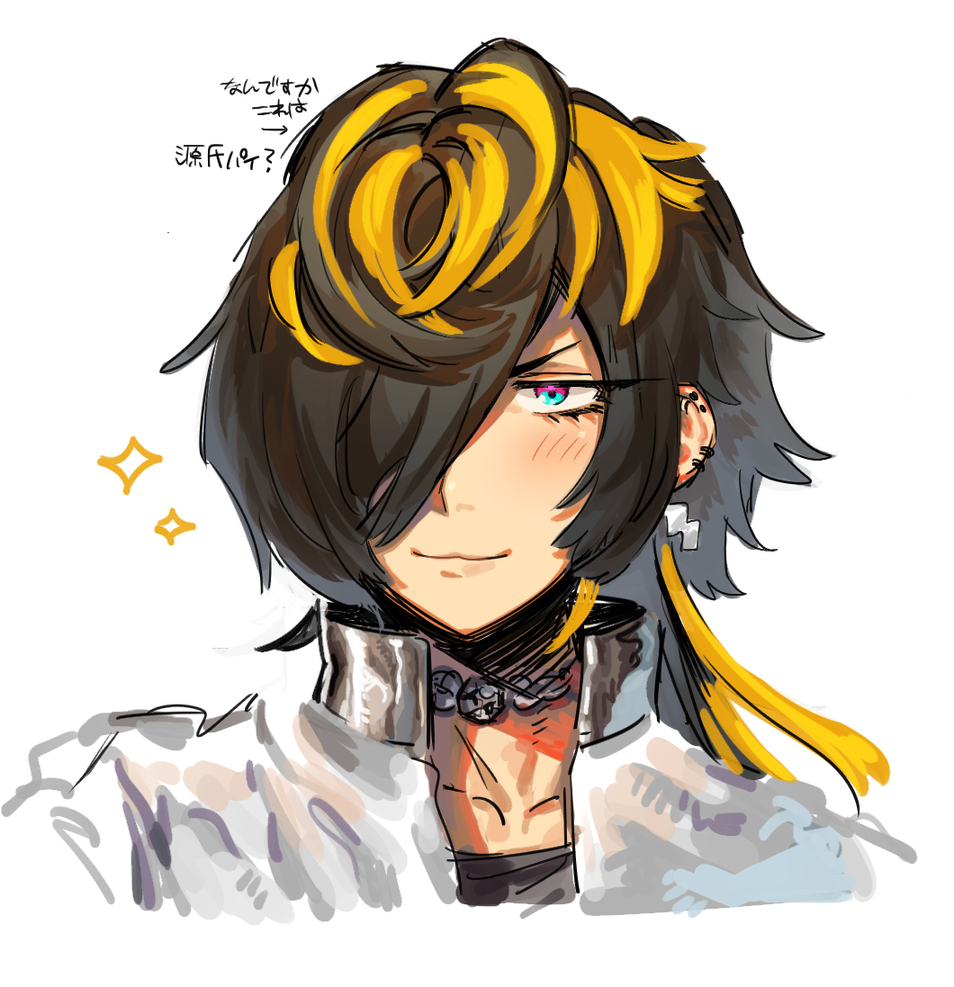1boy, :3, aimono_jyushi, black_hair, black_shirt, blonde_hair, blue_eyes, blush