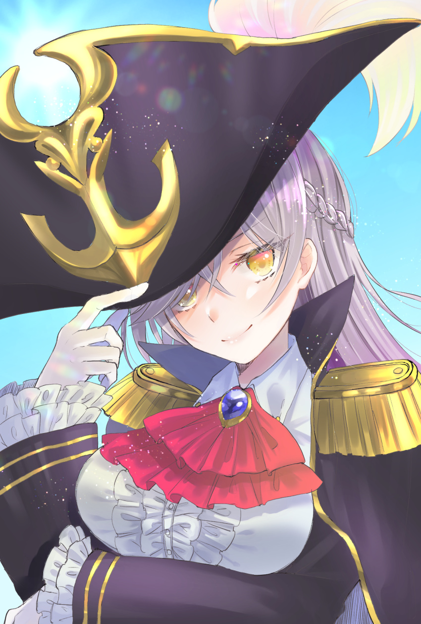 1girl, black_hat, blue_sky, braid, breasts, cloak, frilled_sleeves, frills