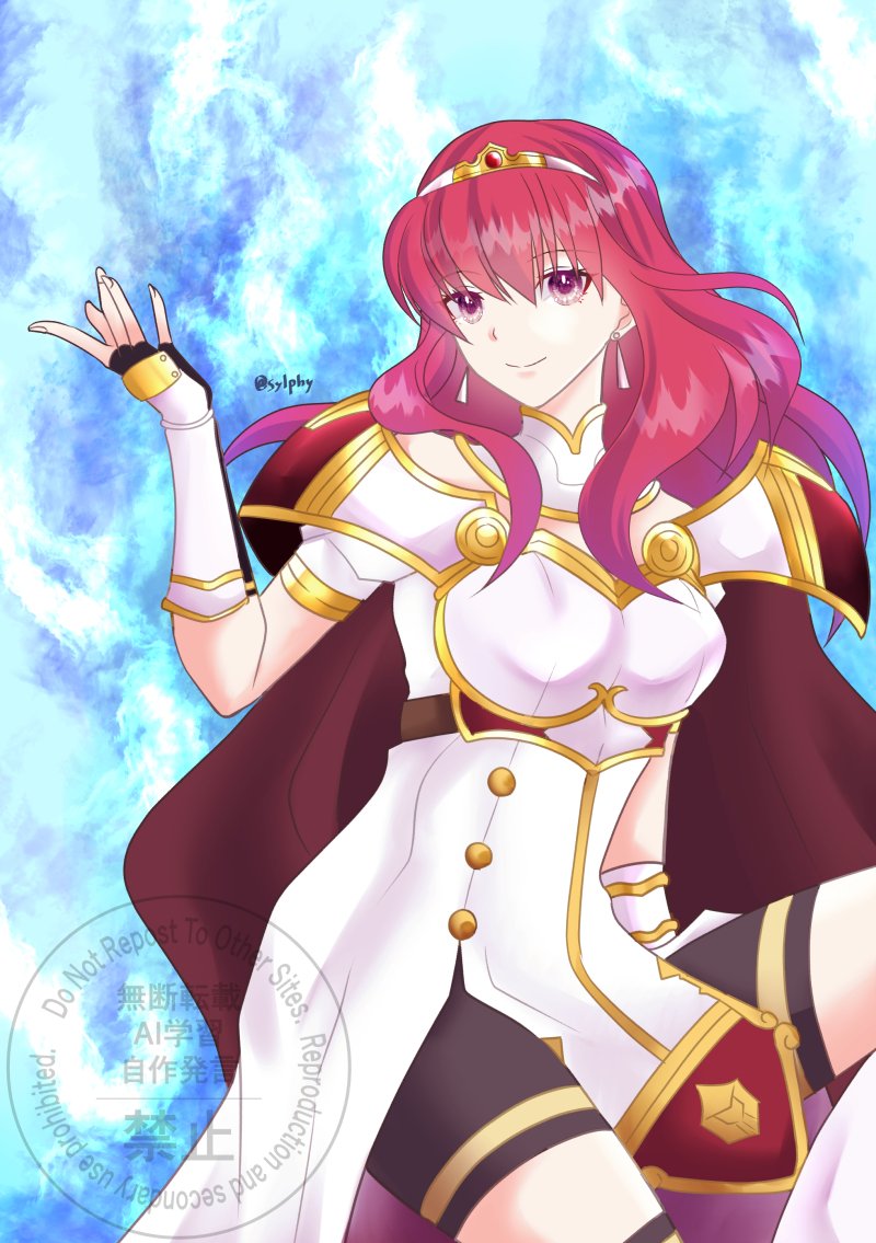 1girl, armor, aura, black_skirt, black_thighhighs, blue_aura, breastplate, cape, celica_(emblem)_(fire_emblem), celica_(fire_emblem), choker, dress, earrings, fingerless_gloves, fire_emblem, fire_emblem_echoes:_shadows_of_valentia, fire_emblem_engage, gloves, jewelry, long_hair, red_eyes, red_hair, skirt, sylphy_fe, thigh-highs, tiara, white_armor, white_dress