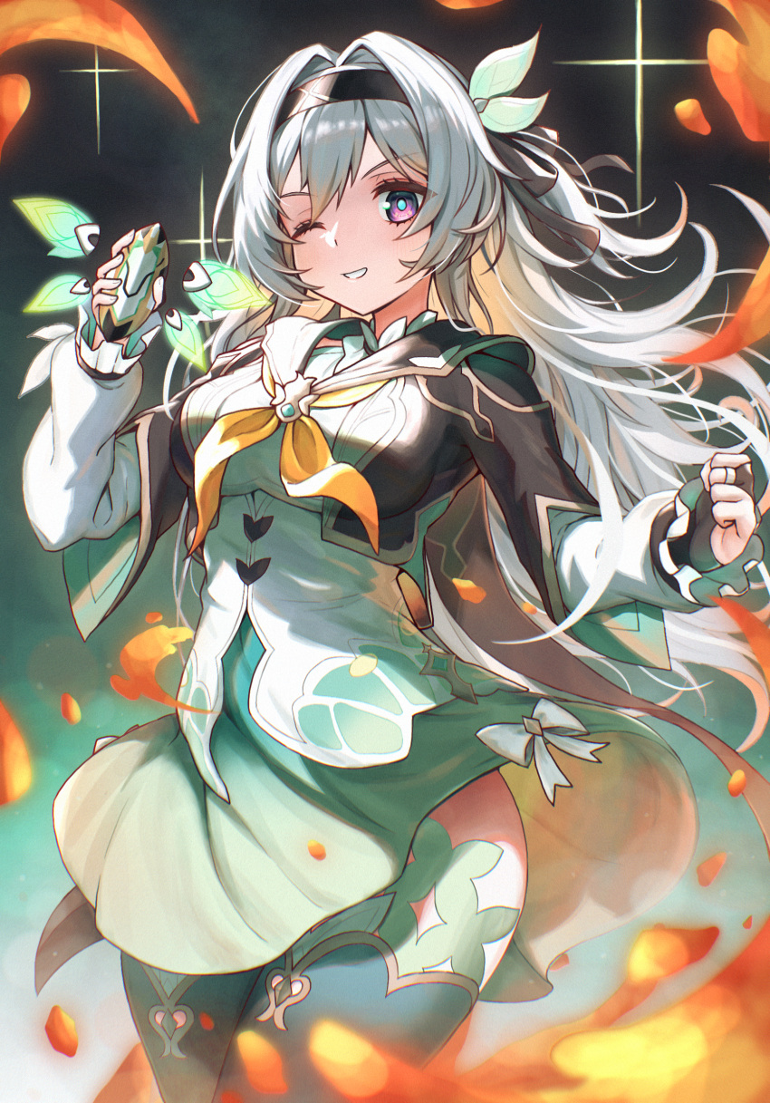 1girl, black_hairband, black_jacket, breasts, bridal_gauntlets, dress, fire, firefly_(honkai:_star_rail)