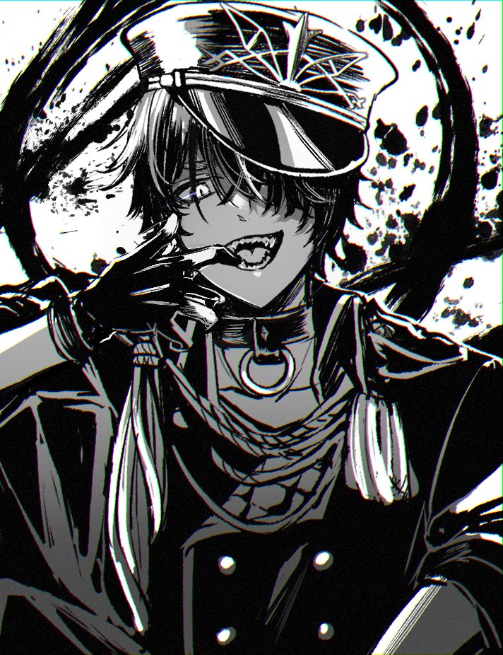 1boy, aiguillette, collar, commentary_request, fangs, gloves, greyscale, hair_over_one_eye, hand_up, hat, hound_(rune_factory), jacket, komugiko_(komugiu08), looking_at_viewer, male_focus, monochrome, o-ring, open_mouth, peaked_cap, rune_factory, rune_factory:_guardians_of_azuma, sharp_teeth, short_hair, smile, solo, teeth, upper_body