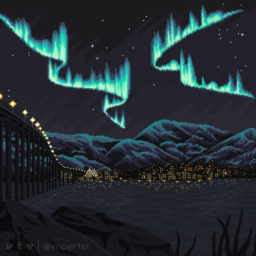animated, animated_gif, artist_name, aurora, black_sky, bridge, city, city_lights, commentary, english_commentary, highway, looping_animation, moertel, mountain, mountainous_horizon, night, night_sky, no_humans, original, outdoors, pixel_art, river, rock, scenery, sky, star_(sky), starry_sky, twitter_username, water