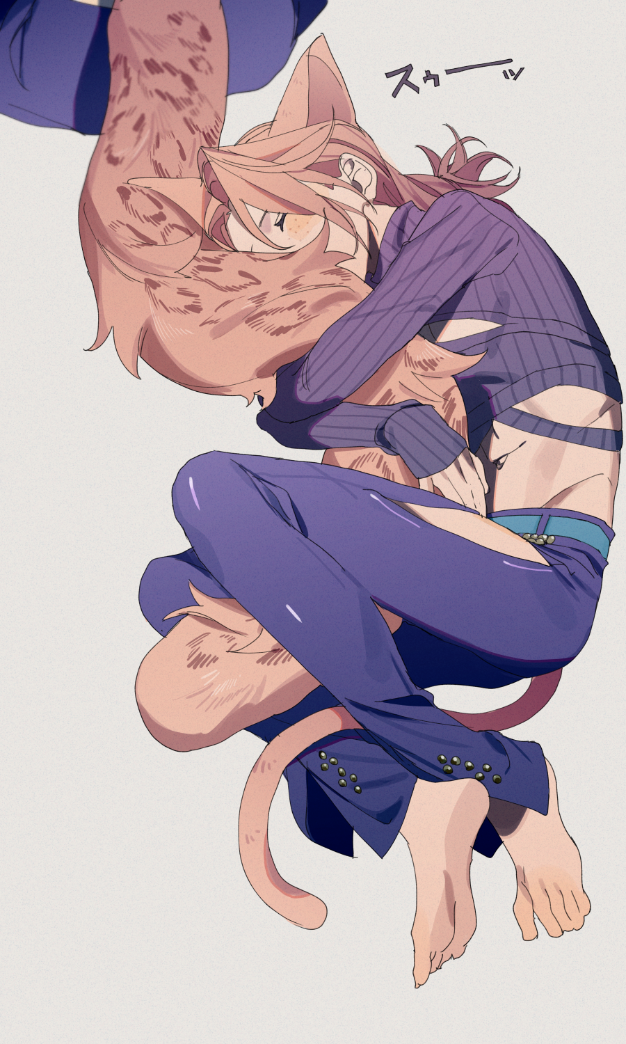 2boys, animal_ears, barefoot, blue_pants, braid, braided_ponytail, cat_boy, cat_ears